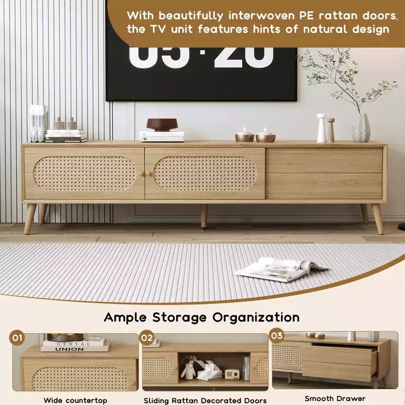 Mueble de TV natural de 70.8 pulgadas para televisores de hasta 80 pulgadas, consola multimedia con patas de madera maciza para sala de estar y cine en casa