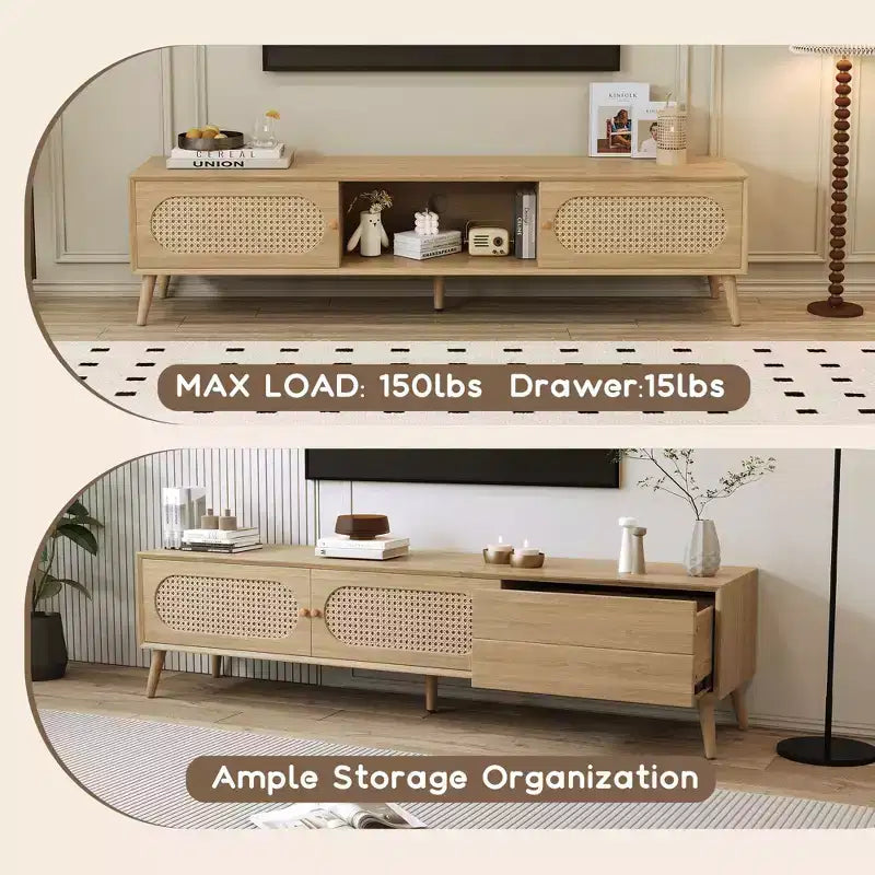 Mueble de TV natural de 70.8 pulgadas para televisores de hasta 80 pulgadas, consola multimedia con patas de madera maciza para sala de estar y cine en casa