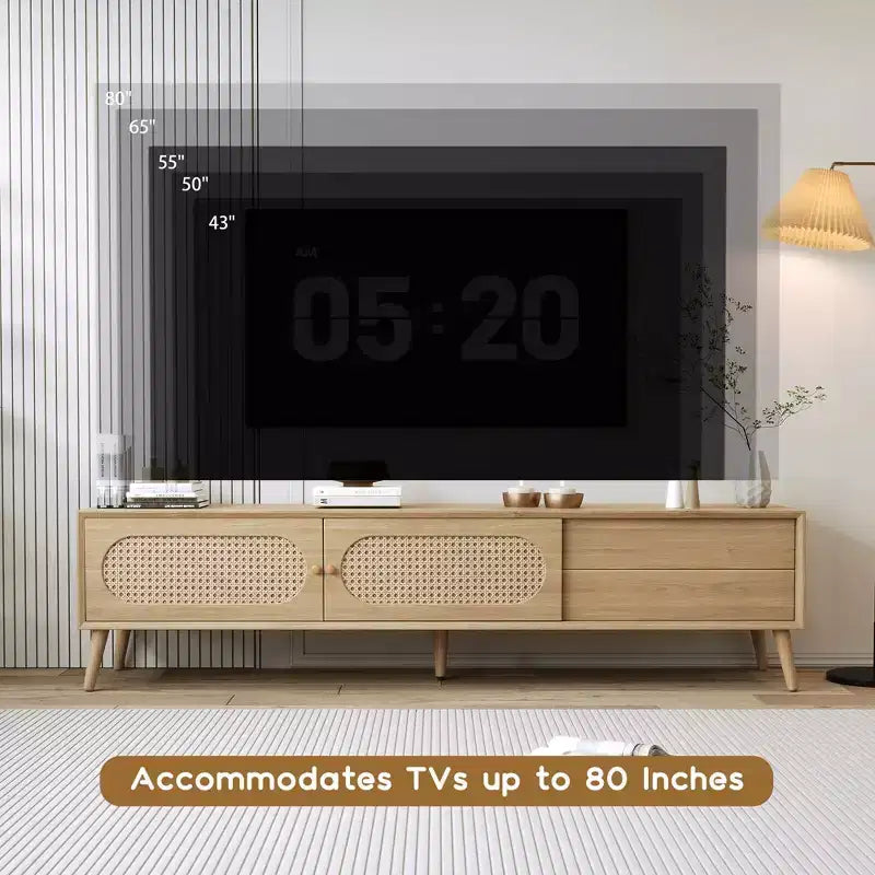 Mueble de TV natural de 70.8 pulgadas para televisores de hasta 80 pulgadas, consola multimedia con patas de madera maciza para sala de estar y cine en casa