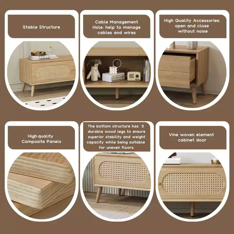 Mueble de TV natural de 70.8 pulgadas para televisores de hasta 80 pulgadas, consola multimedia con patas de madera maciza para sala de estar y cine en casa
