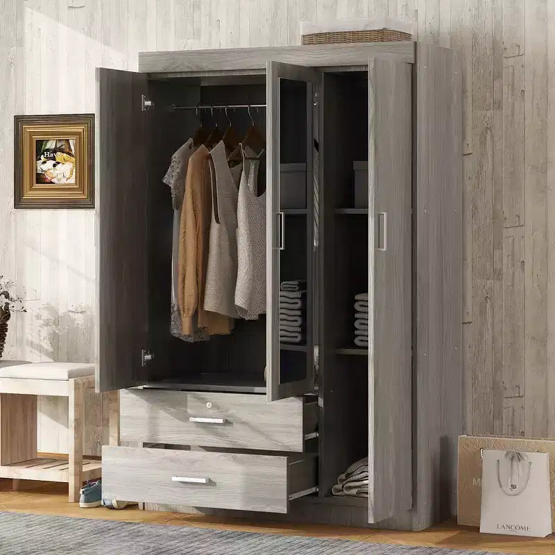 Whisen Wood 3-Door Wardrobe Armoire with Mirror, 2 Drawers, Storage Shelves and Hanging Rail