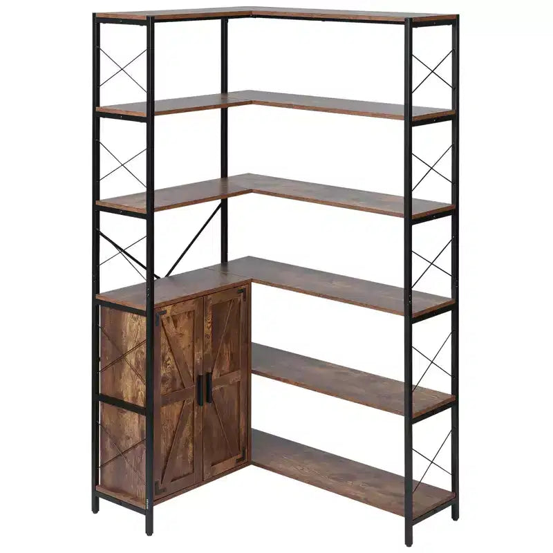 VEVOR 6 Tier Corner Bookshelf, 70 Tall Corner Bookcase with Storage Cabinet, 2 Barn Doors & 10 Storage Shelves, Brown