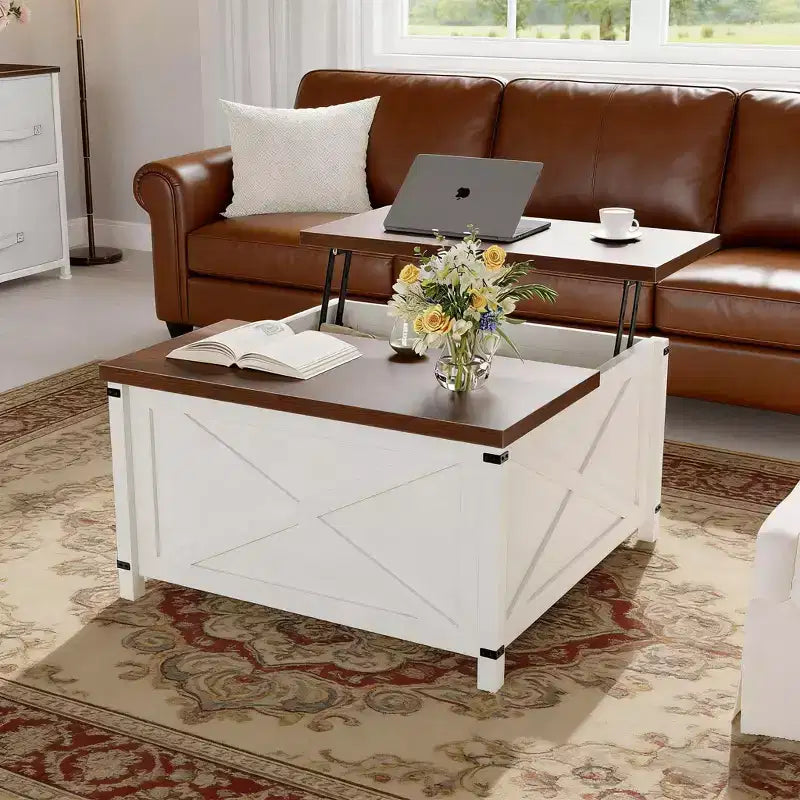 Mesa de centro cuadrada de diseño industrial con tapa elevable y almacenamiento para sala de estar
