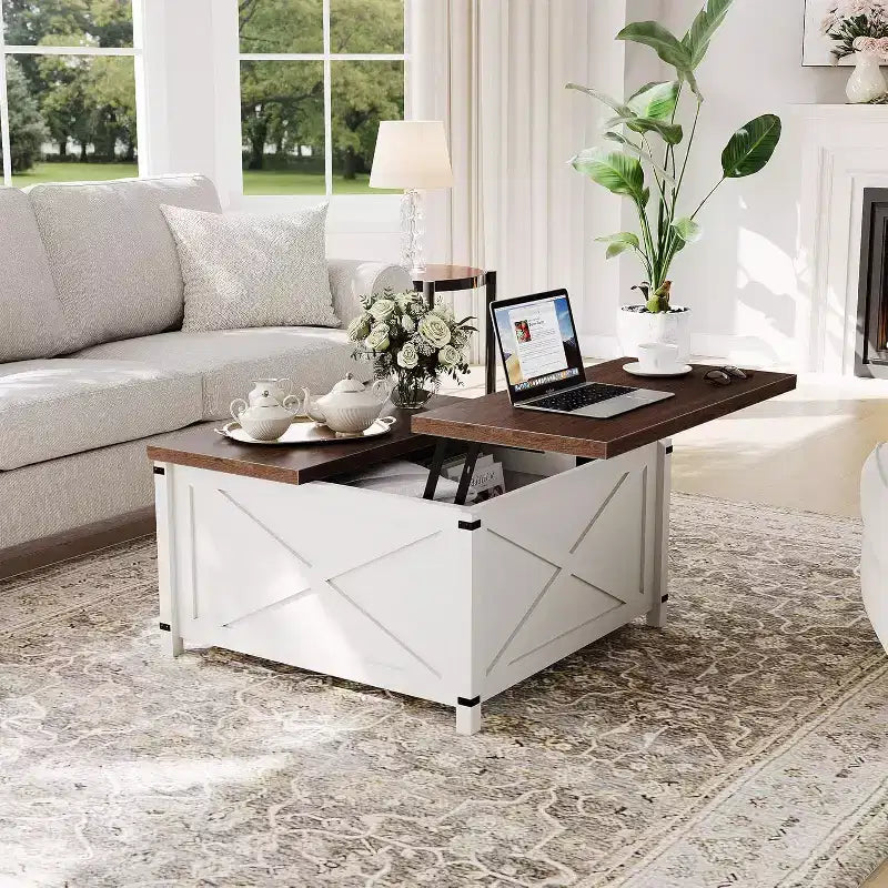 Mesa de centro cuadrada de diseño industrial con tapa elevable y almacenamiento para sala de estar