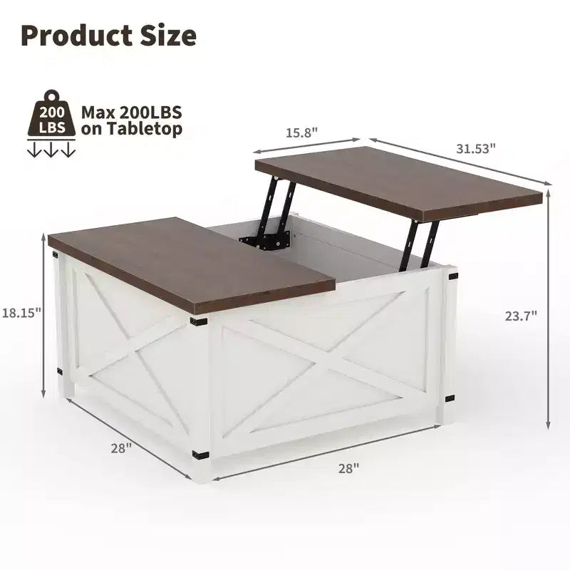 Mesa de centro cuadrada de diseño industrial con tapa elevable y almacenamiento para sala de estar