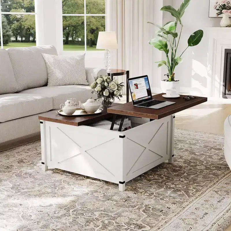 Mesa de centro cuadrada de diseño industrial con tapa elevable y almacenamiento para sala de estar