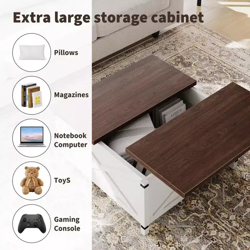 Mesa de centro cuadrada de diseño industrial con tapa elevable y almacenamiento para sala de estar