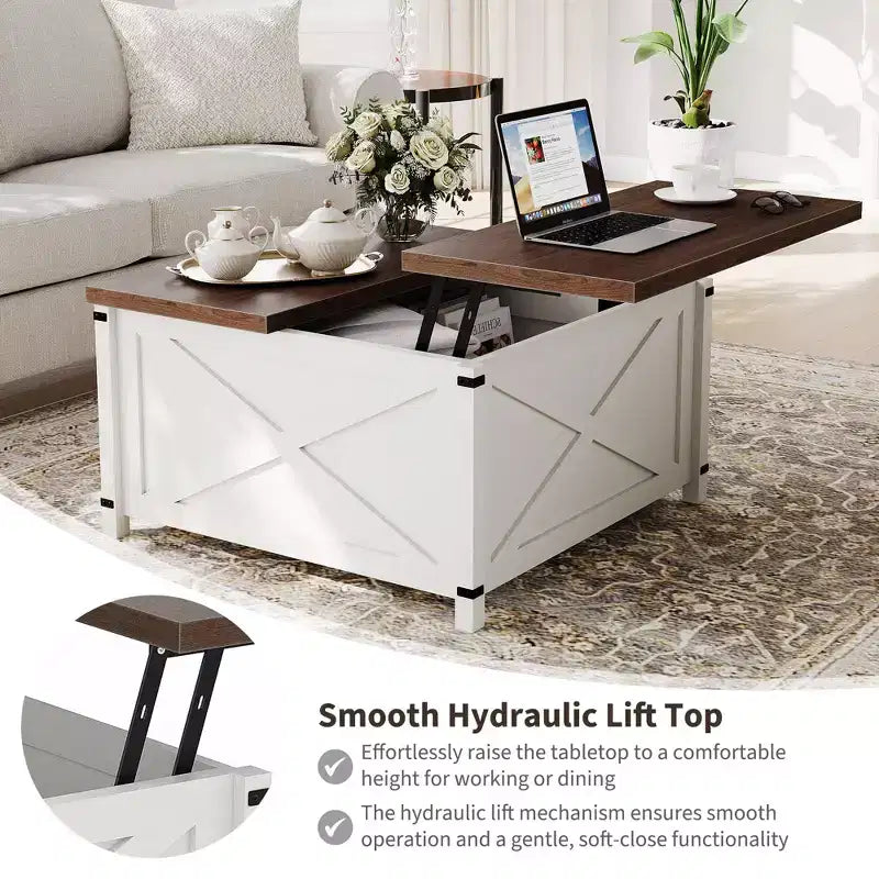 Mesa de centro cuadrada de diseño industrial con tapa elevable y almacenamiento para sala de estar