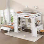 Litera Full XL/Full sobre Twin con cama inferior desmontable y escritorio, armazón de litera de madera maciza con estantes integrados y armario blanco
