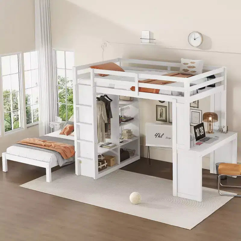 Litera Full XL/Full sobre Twin con cama inferior desmontable y escritorio, armazón de litera de madera maciza con estantes integrados y armario blanco