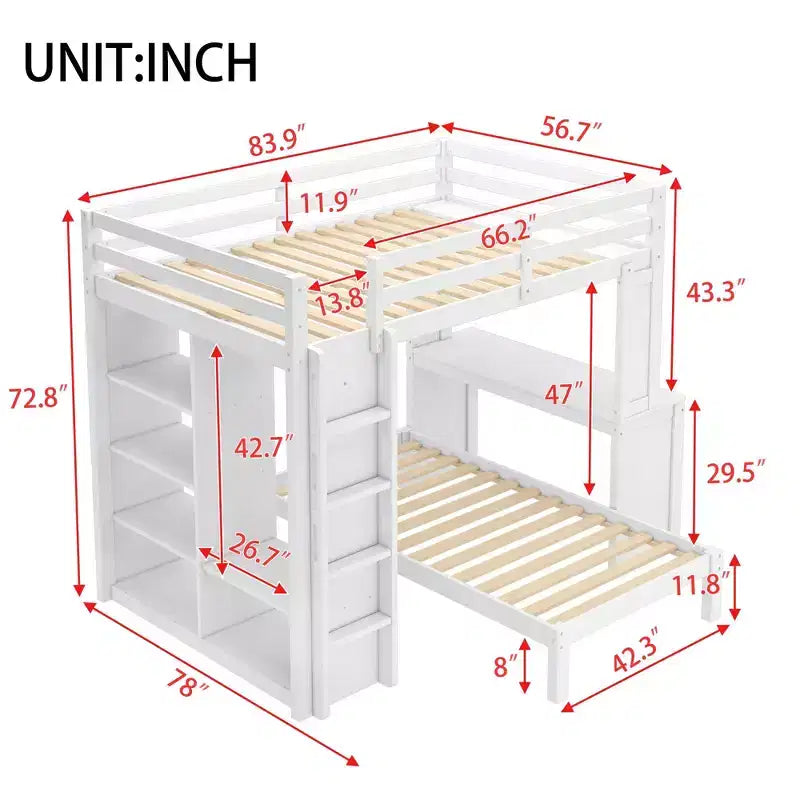 Litera Full XL/Full sobre Twin con cama inferior desmontable y escritorio, armazón de litera de madera maciza con estantes integrados y armario blanco