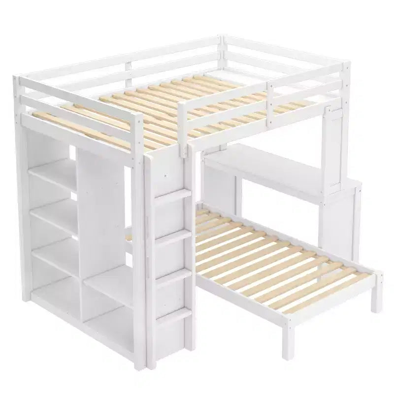 Litera Full XL/Full sobre Twin con cama inferior desmontable y escritorio, armazón de litera de madera maciza con estantes integrados y armario blanco