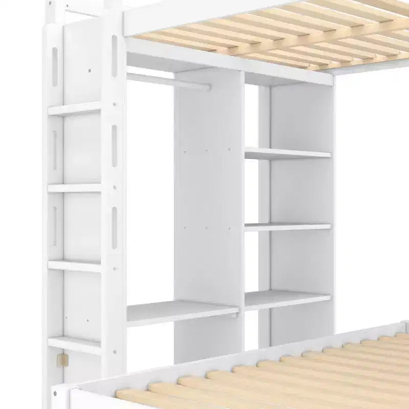 Litera Full XL/Full sobre Twin con cama inferior desmontable y escritorio, armazón de litera de madera maciza con estantes integrados y armario blanco