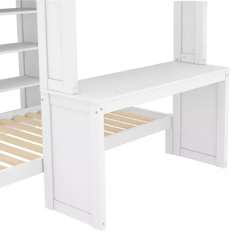 Litera Full XL/Full sobre Twin con cama inferior desmontable y escritorio, armazón de litera de madera maciza con estantes integrados y armario blanco