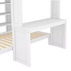 Litera Full XL/Full sobre Twin con cama inferior desmontable y escritorio, armazón de litera de madera maciza con estantes integrados y armario blanco