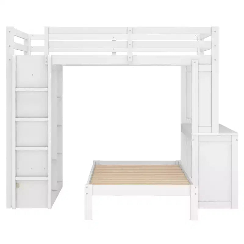 Litera Full XL/Full sobre Twin con cama inferior desmontable y escritorio, armazón de litera de madera maciza con estantes integrados y armario blanco