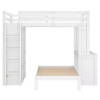 Litera Full XL/Full sobre Twin con cama inferior desmontable y escritorio, armazón de litera de madera maciza con estantes integrados y armario blanco