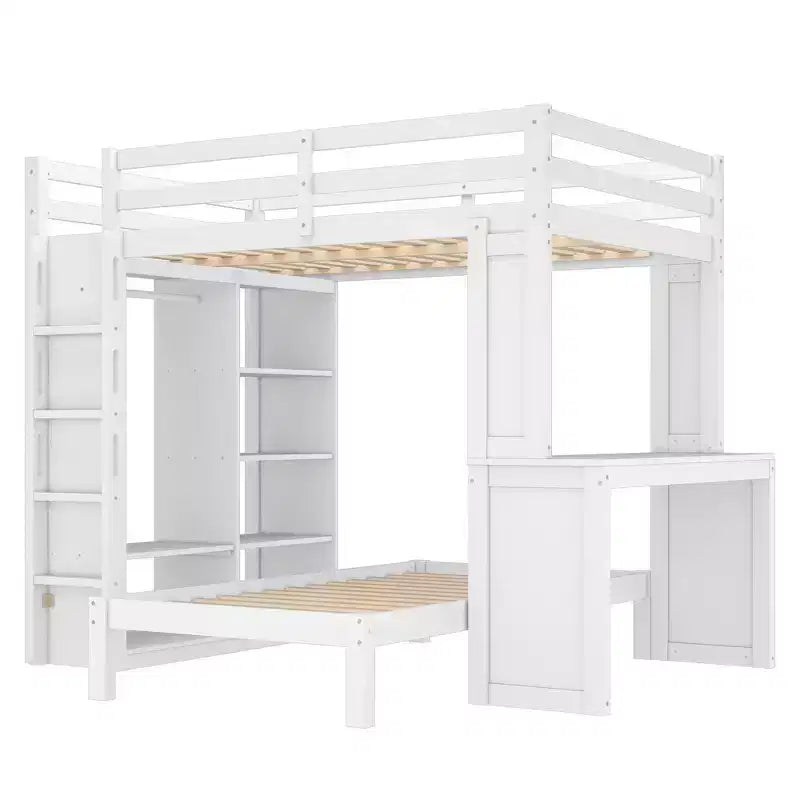 Litera Full XL/Full sobre Twin con cama inferior desmontable y escritorio, armazón de litera de madera maciza con estantes integrados y armario blanco