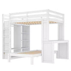 Litera Full XL/Full sobre Twin con cama inferior desmontable y escritorio, armazón de litera de madera maciza con estantes integrados y armario blanco