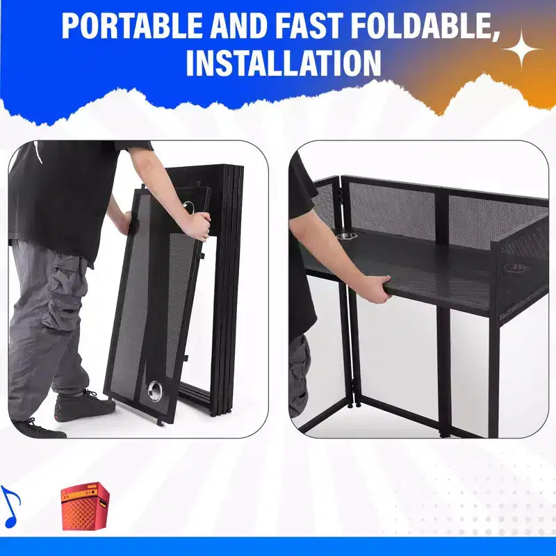 Mesa de DJ portátil, estación de DJ plegable con pantalla de iluminación, cabina con patas de fachada de DJ ajustables para fiestas, marco de metal negro