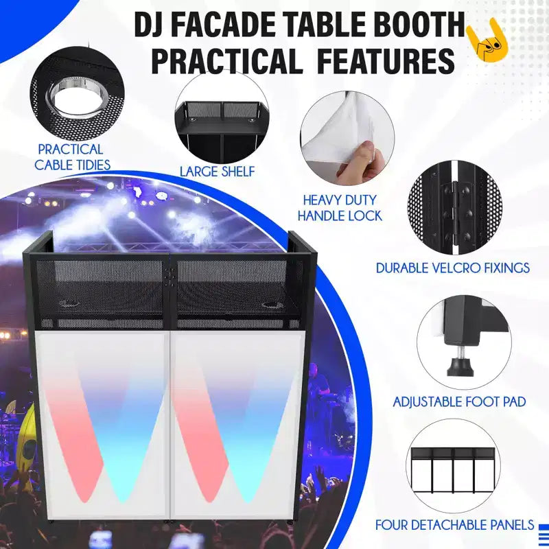 Mesa de DJ portátil, estación de DJ plegable con pantalla de iluminación, cabina con patas de fachada de DJ ajustables para fiestas, marco de metal negro