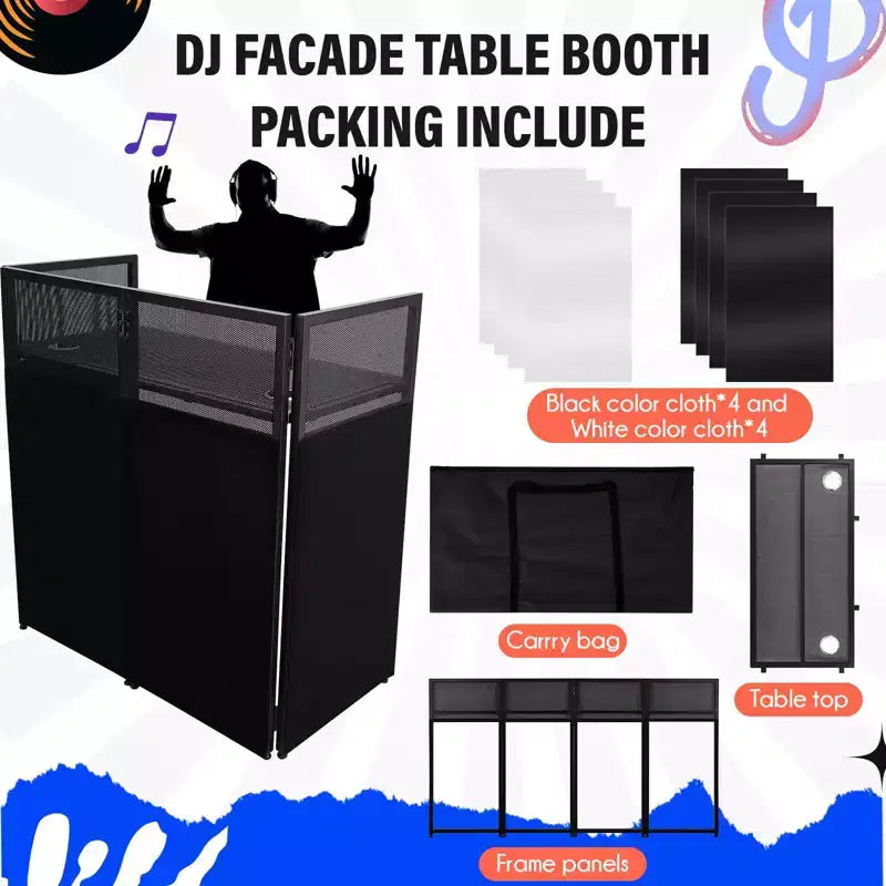 Mesa de DJ portátil, estación de DJ plegable con pantalla de iluminación, cabina con patas de fachada de DJ ajustables para fiestas, marco de metal negro
