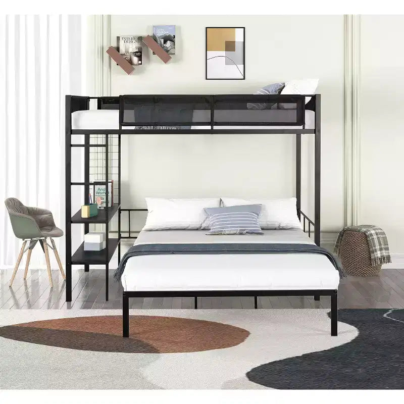 Twin Over Full Bunk Bed Frame with Grid Panel and 2-Tier Shelves, Metal Bunk Bed with Built-in Ladder and Full-Length Guardrail Black