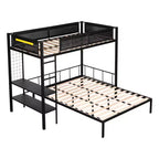 Litera doble sobre matrimonial con panel de rejilla y estantes de 2 niveles, litera de metal con escalera incorporada y barandilla de longitud completa, negra