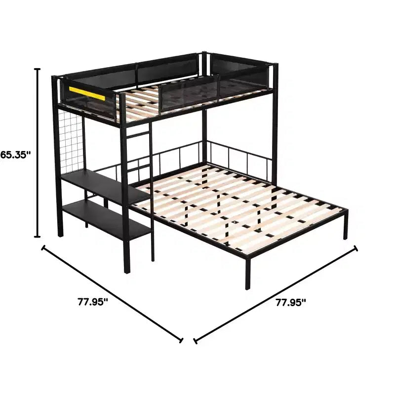 Litera doble sobre matrimonial con panel de rejilla y estantes de 2 niveles, litera de metal con escalera incorporada y barandilla de longitud completa, negra