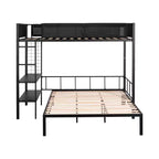 Litera doble sobre matrimonial con panel de rejilla y estantes de 2 niveles, litera de metal con escalera incorporada y barandilla de longitud completa, negra