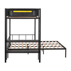 Litera doble sobre matrimonial con panel de rejilla y estantes de 2 niveles, litera de metal con escalera incorporada y barandilla de longitud completa, negra