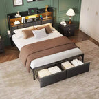 Full Size Upholstered Platform Bed Frame Storage Drawers Headboard Shelf LED Lights Charging Station Metal No Box Spring Needed Teen Bedroom