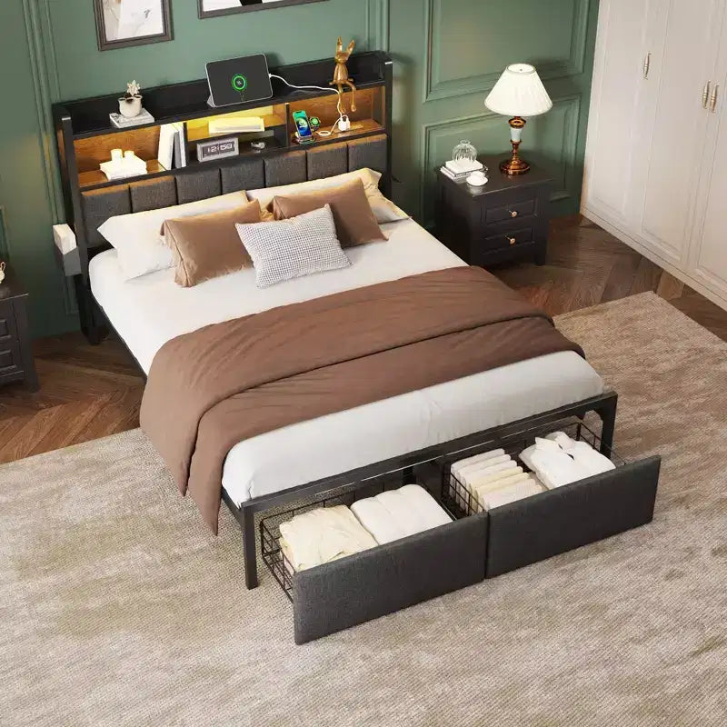 Full Size Upholstered Platform Bed Frame Storage Drawers Headboard Shelf LED Lights Charging Station Metal No Box Spring Needed Teen Bedroom