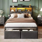 Base de cama tapizada tamaño matrimonial con plataforma, cajones de almacenamiento, cabecero con estante, luces LED, estación de carga, metal, no necesita somier, dormitorio adolescente