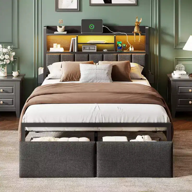 Base de cama tapizada tamaño matrimonial con plataforma, cajones de almacenamiento, cabecero con estante, luces LED, estación de carga, metal, no necesita somier, dormitorio adolescente