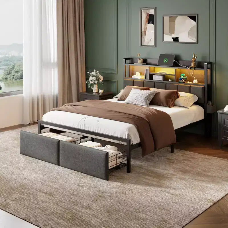 Base de cama tapizada tamaño matrimonial con plataforma, cajones de almacenamiento, cabecero con estante, luces LED, estación de carga, metal, no necesita somier, dormitorio adolescente