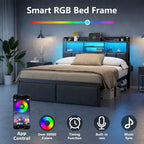 Base de cama tapizada tamaño matrimonial con plataforma, cajones de almacenamiento, cabecero con estante, luces LED, estación de carga, metal, no necesita somier, dormitorio adolescente