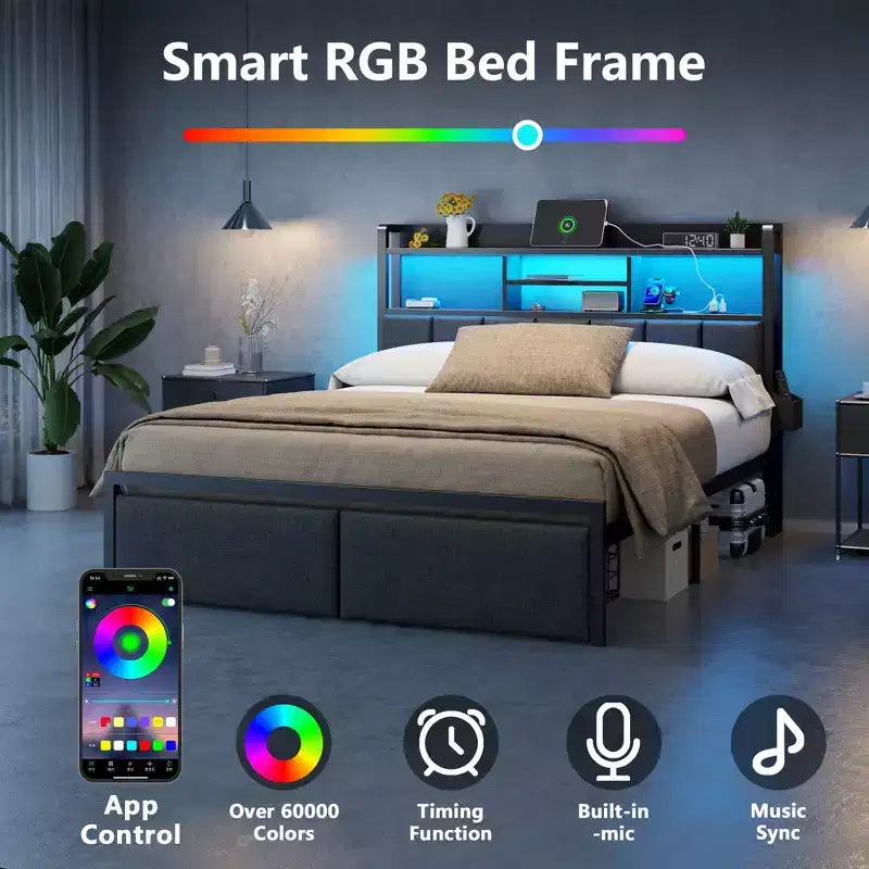 Base de cama tapizada tamaño matrimonial con plataforma, cajones de almacenamiento, cabecero con estante, luces LED, estación de carga, metal, no necesita somier, dormitorio adolescente