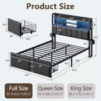 Base de cama tapizada tamaño matrimonial con plataforma, cajones de almacenamiento, cabecero con estante, luces LED, estación de carga, metal, no necesita somier, dormitorio adolescente