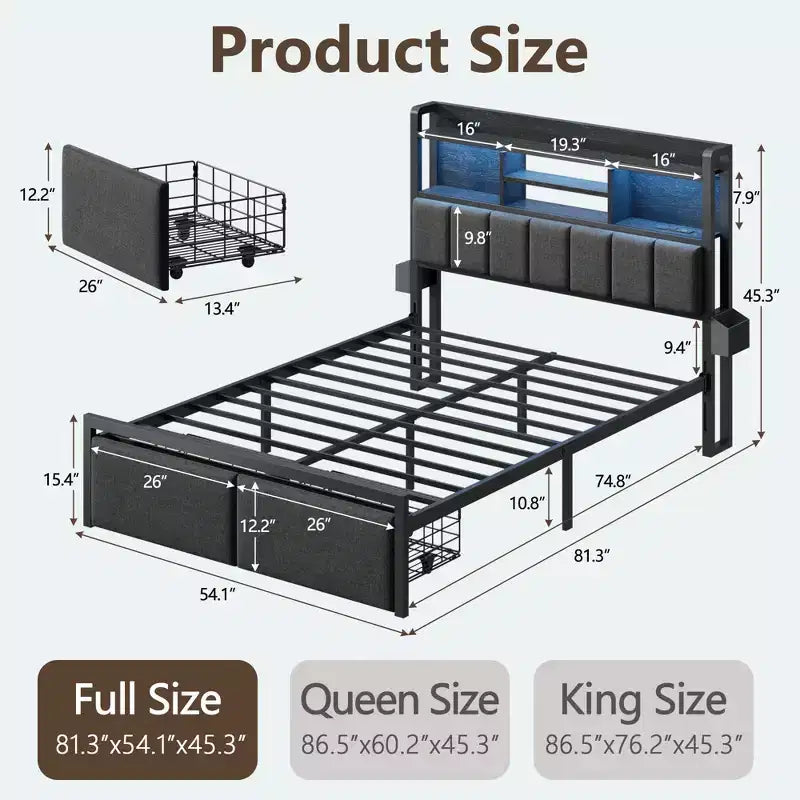 Base de cama tapizada tamaño matrimonial con plataforma, cajones de almacenamiento, cabecero con estante, luces LED, estación de carga, metal, no necesita somier, dormitorio adolescente