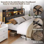 Base de cama tapizada tamaño matrimonial con plataforma, cajones de almacenamiento, cabecero con estante, luces LED, estación de carga, metal, no necesita somier, dormitorio adolescente
