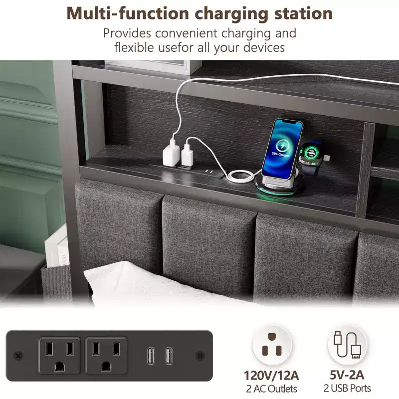 Base de cama tapizada tamaño matrimonial con plataforma, cajones de almacenamiento, cabecero con estante, luces LED, estación de carga, metal, no necesita somier, dormitorio adolescente