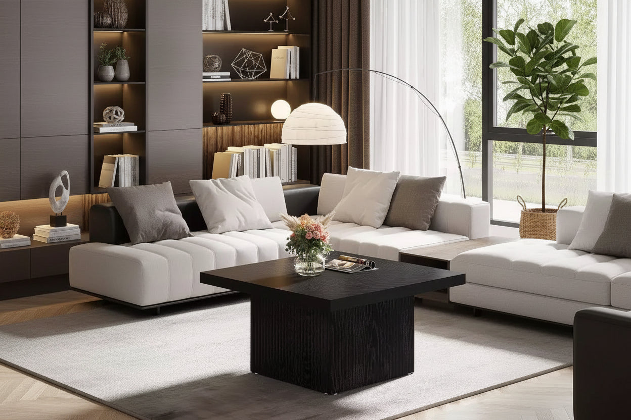 Lantine 31.5-Inch Square Coffee Table, Fluted Mid-Century Modern Cocktail Table for Living Room, Easy Assembly, Black