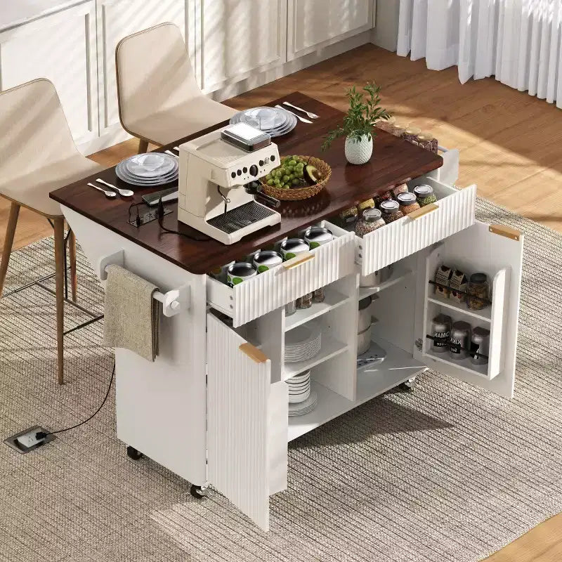 Isla de cocina móvil de granja 52 con tabla de extensión y cubierta de imitación mármol, carro de cocina rodante con almacenamiento para cocina o comedor-Panipeachy