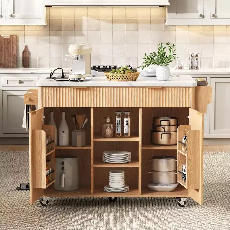 Isla de cocina móvil de granja 52 con tabla de extensión y cubierta de imitación mármol, carro de cocina rodante con almacenamiento para cocina o comedor-Panipeachy