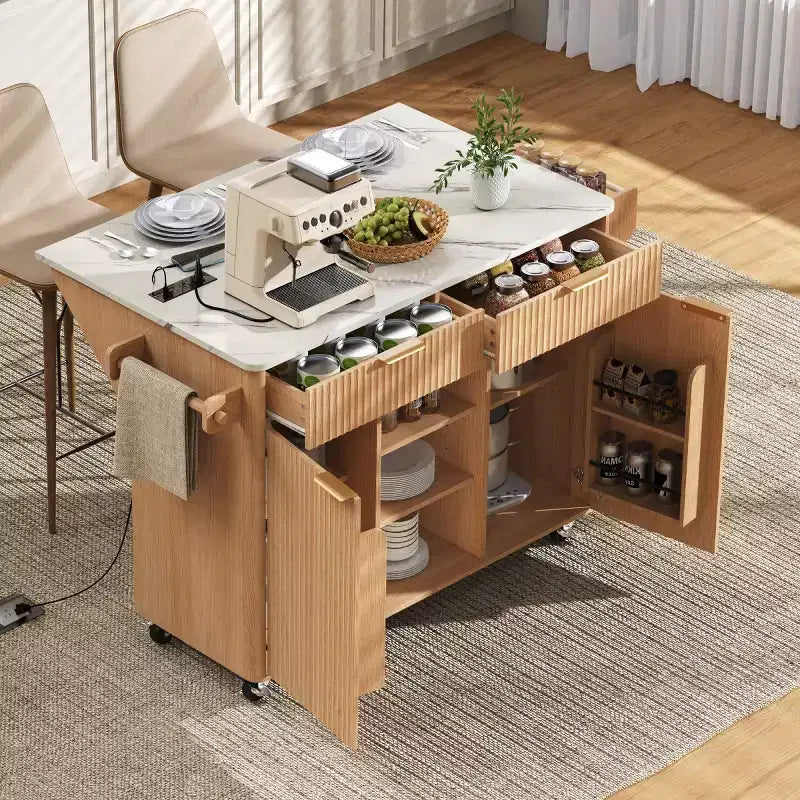 Isla de cocina móvil de granja 52 con tabla de extensión y cubierta de imitación mármol, carro de cocina rodante con almacenamiento para cocina o comedor-Panipeachy