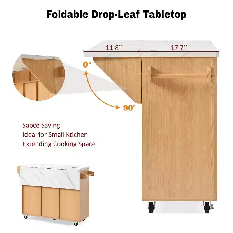 Isla de cocina móvil de granja 52 con tabla de extensión y cubierta de imitación mármol, carro de cocina rodante con almacenamiento para cocina o comedor-Panipeachy