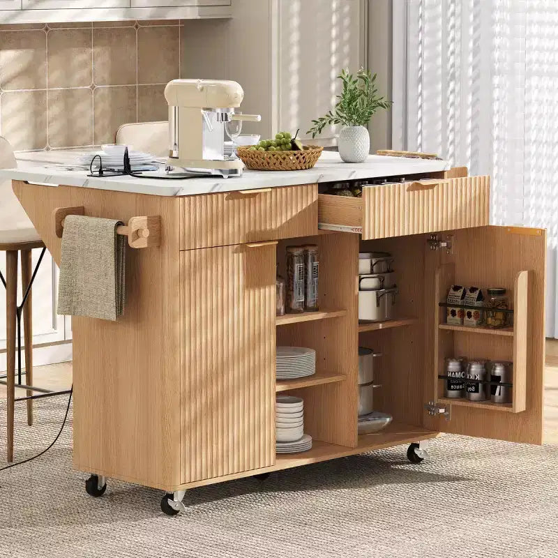 52 Farmhouse Mobile Kitchen Island with Drop Leaf and Faux Marble Top, Rolling Kitchen Cart with Storage for Kitchen or Dining Room-Panipeachy