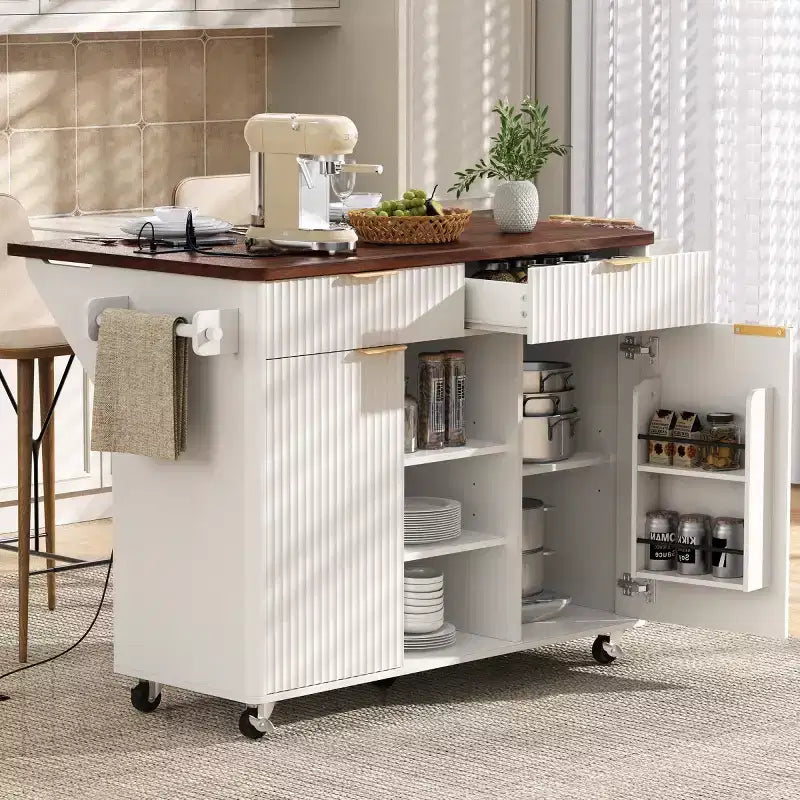Isla de cocina móvil de granja 52 con tabla de extensión y cubierta de imitación mármol, carro de cocina rodante con almacenamiento para cocina o comedor-Panipeachy
