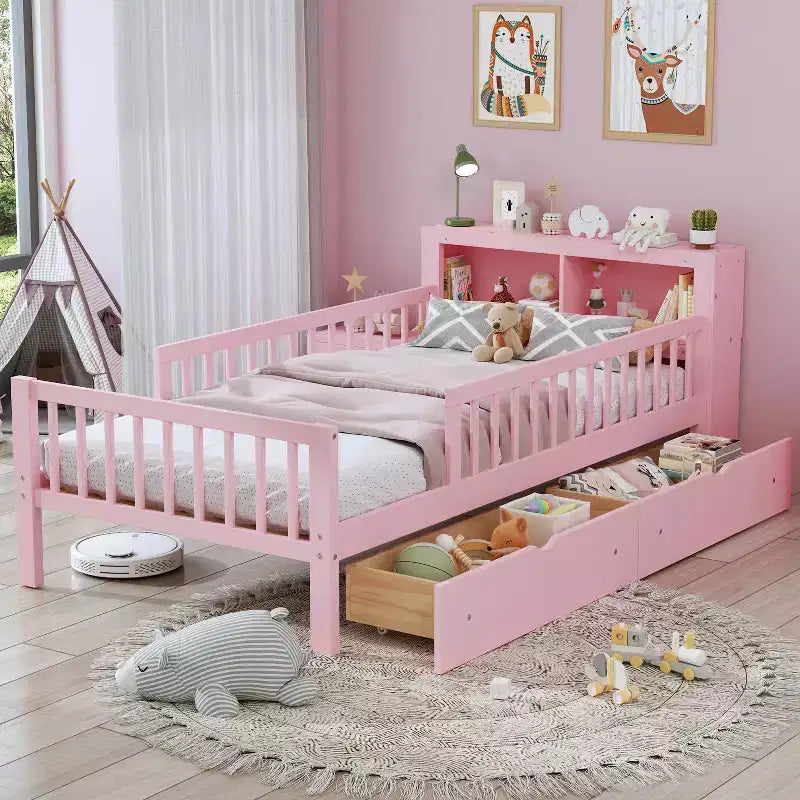 MAYEERTY Twin Size Bed with Headboard Storage Storage Rack Two Under Bed Drawers Three Side Guardrails for Bedroom Pink